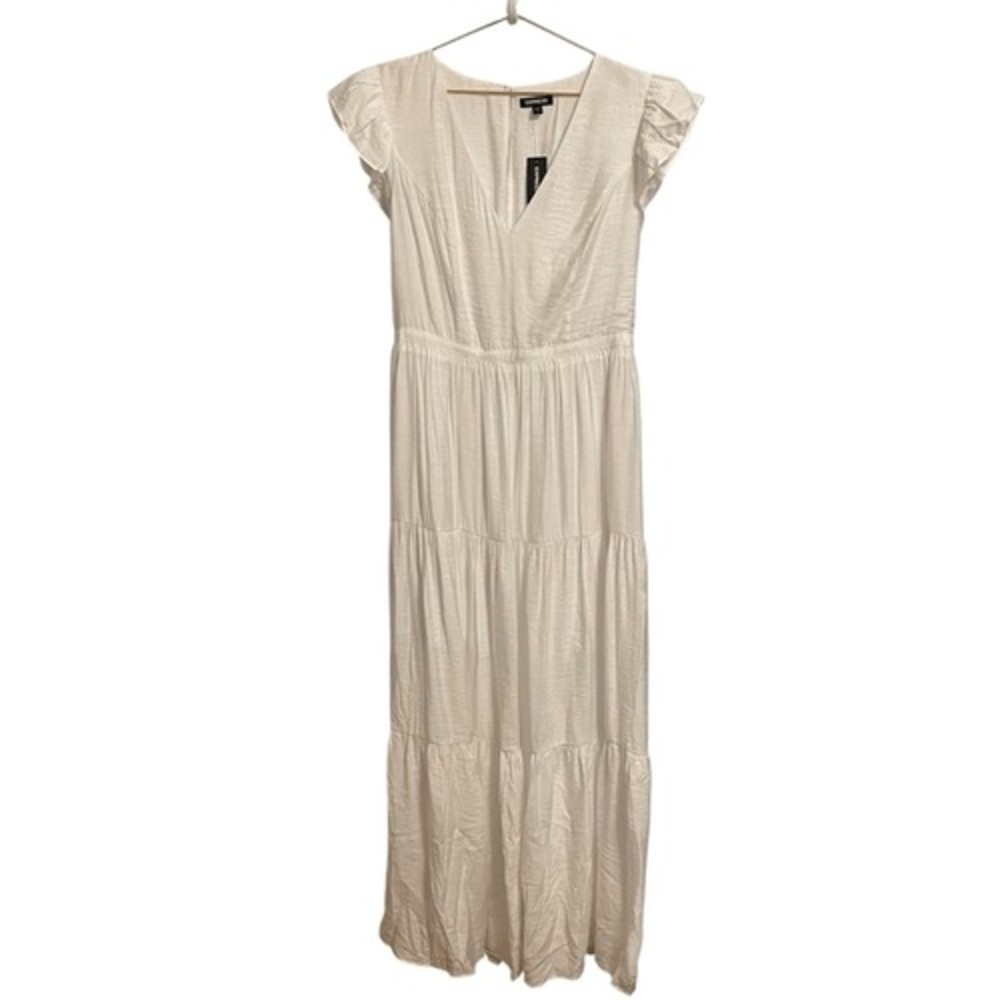 Express White Tiered Maxi Dress V-Neck Flutter Sleeve Textured NWT